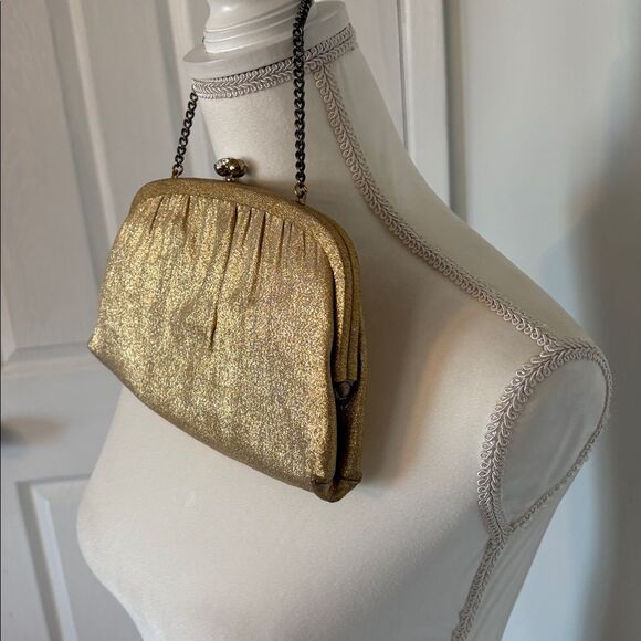 Vintage Gold Evening Clutch with Chain Strap | Kisslock Rhinestone Closure - Picture 2 of 10